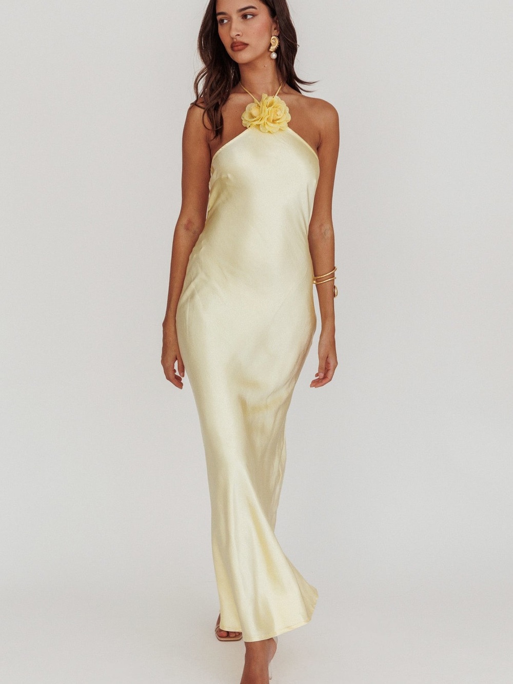 Selfie Leslie Butter Yellow Satin Halter Maxi w/ Floral Neck Detail - Small- NWT